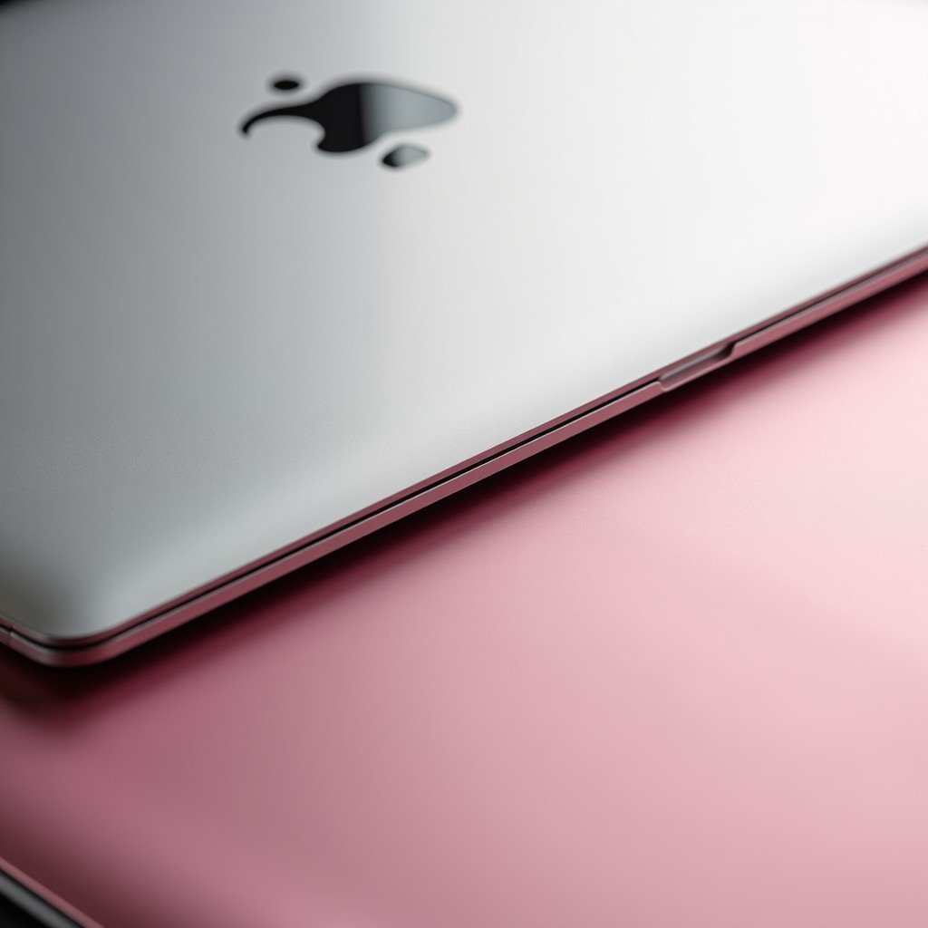 Close up shot of two metallic laptops one in classic silver and one in vibrant soft pink overlapping each other showing premium texture and slim design high quality photography 4:3