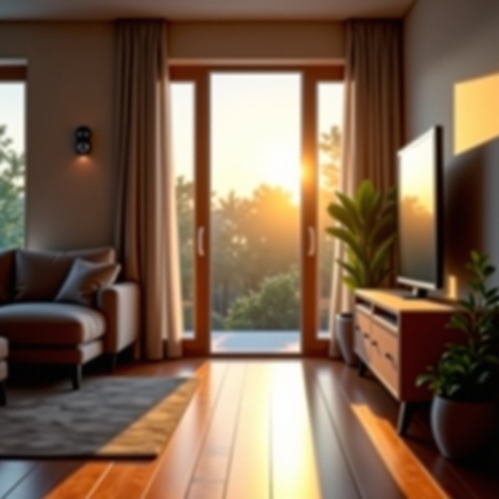 A warm and cozy modern living room with a subtle smart doorbell camera visible through the window, natural lighting, high-quality interior photography, 4:3