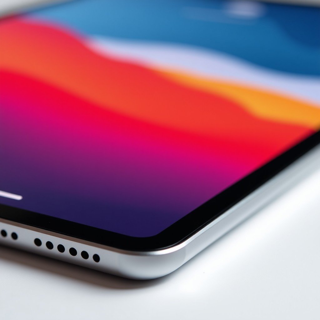 Extreme close-up of a high-resolution tablet screen showing vibrant digital art. The thin bezels and metallic edges are visible. Sharp focus on the pixel density and color accuracy, studio lighting, clean background. 4:3