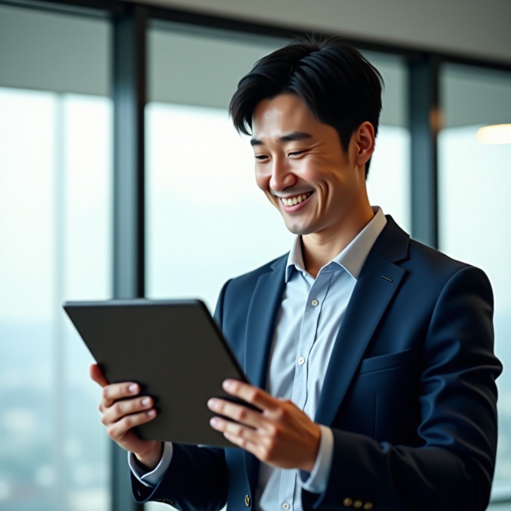 A professional looking Korean man in a modern office holding a large tablet with one hand and smiling slightly while looking at the screen. Soft office lighting, professional attire, natural expression, realistic setting. 4:3