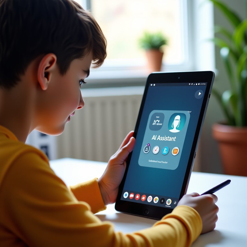 A young person using a tablet to edit photos and write text with an AI assistant interface overlaid on the screen, creative studio environment, bright and airy atmosphere, 4:3