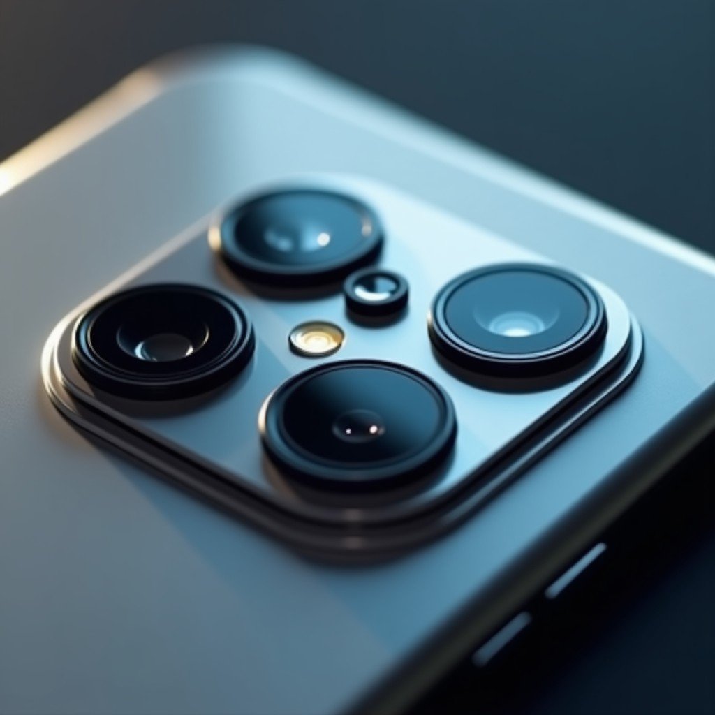 A high-end smartphone rear camera module with three large lenses, glass reflections, sleek titanium body, professional photography equipment aesthetic, macro shot, 4:3