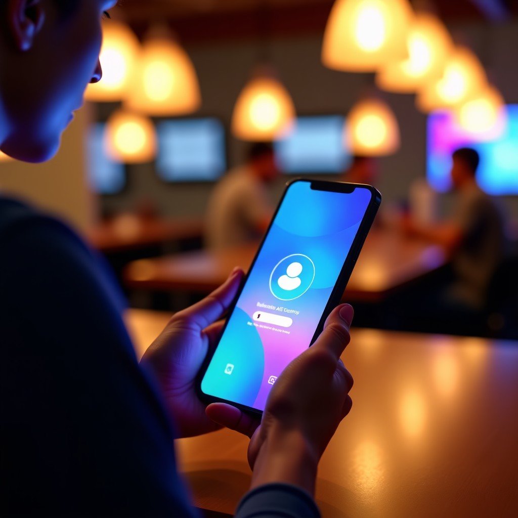 A modern person using a premium smartphone showing a glowing colorful AI assistant interface in a stylish urban cafe setting, high resolution, cinematic lighting, 4:3
