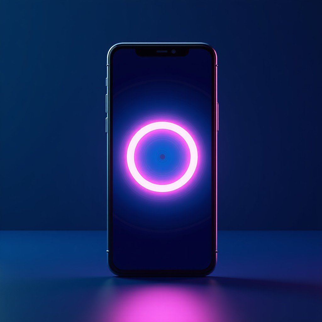 A glowing circular AI interface on a modern smartphone screen, minimalist and futuristic digital art style, high contrast, vibrant blue and purple tones, no text, 4:3