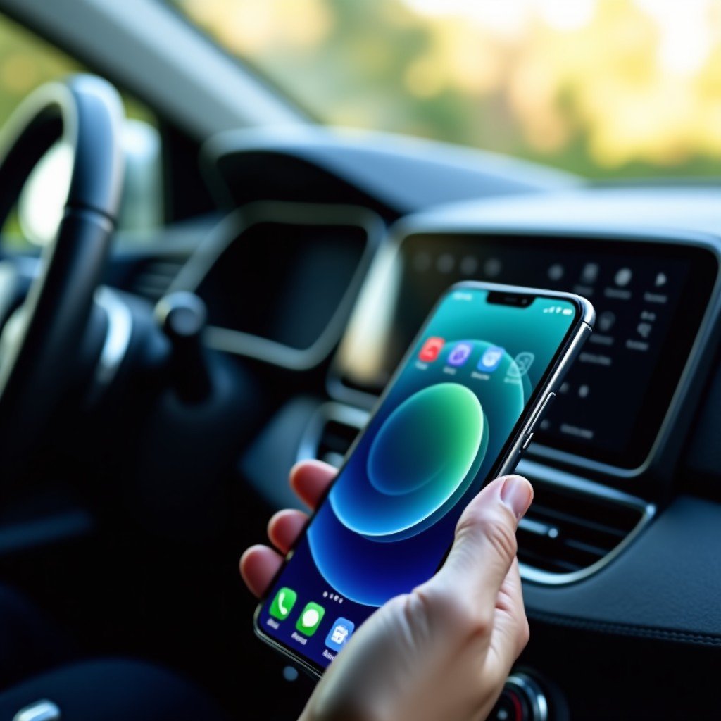 Close up shot of a high-end smartphone wirelessly syncing with a modern car dashboard display. The screen shows a sleek media interface. High tech aesthetic, soft natural lighting inside the vehicle, 4:3 aspect ratio.