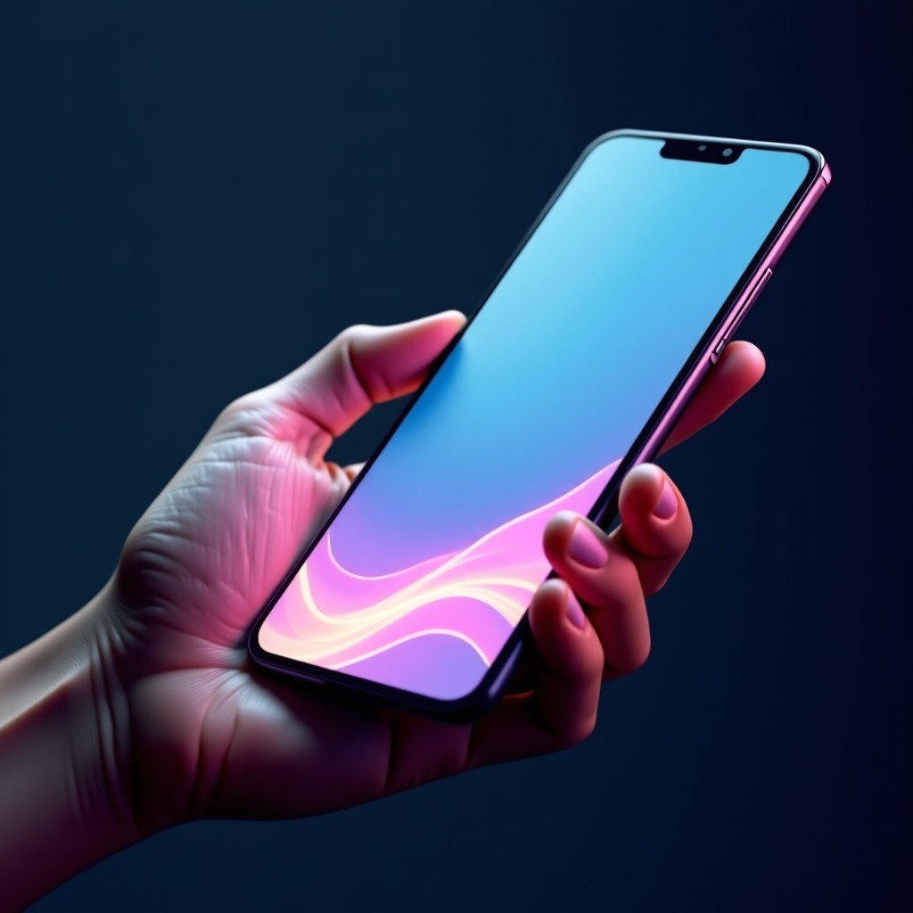 A close up shot of a hand holding a modern smartphone showing a sleek chatbot interface with colorful glowing wave animations at the bottom. Minimalist app design, realistic lighting, 1:1