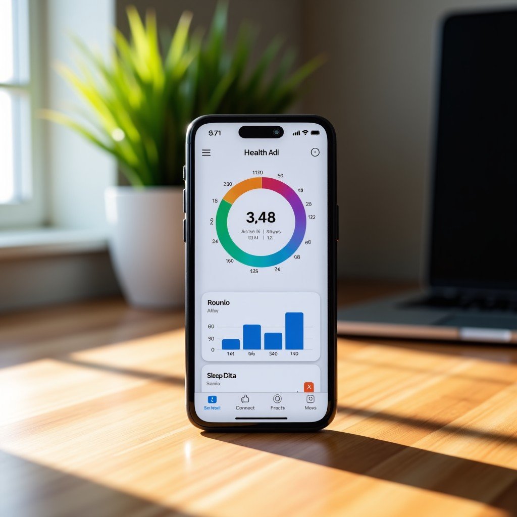 A high-end smartphone displaying a sophisticated health tracking application with vibrant activity rings and sleep data charts. The background is a clean and modern wooden desk with a minimalist aesthetic. Soft natural sunlight hits the screen. No text on screen. 4:3