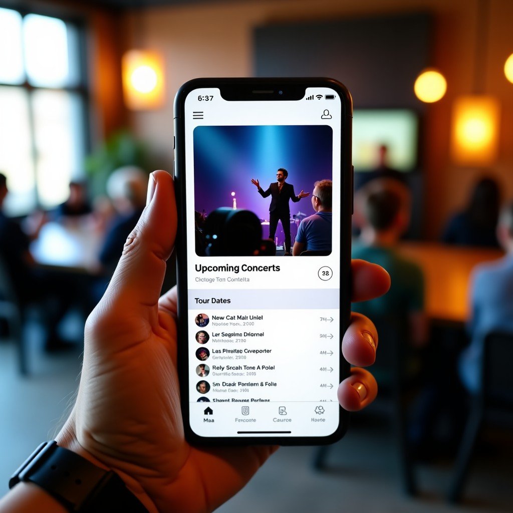 A smartphone displaying a music artist page with a clear badge for upcoming concerts and a list of tour dates, lifestyle photography, 4:3