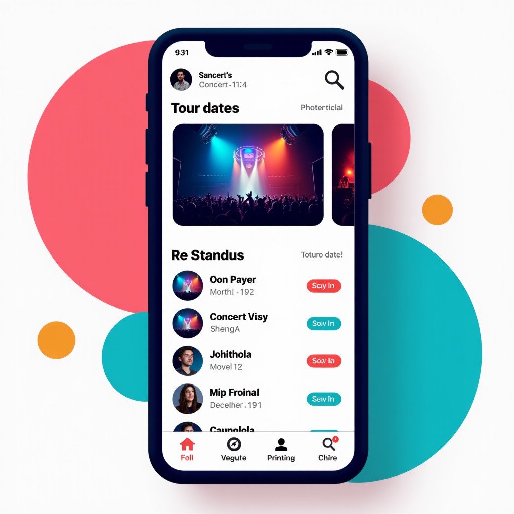 A digital illustration of a smartphone screen showing artist tour dates and a map location for a concert venue. Bright and clean graphic design, informational layout, 1:1.