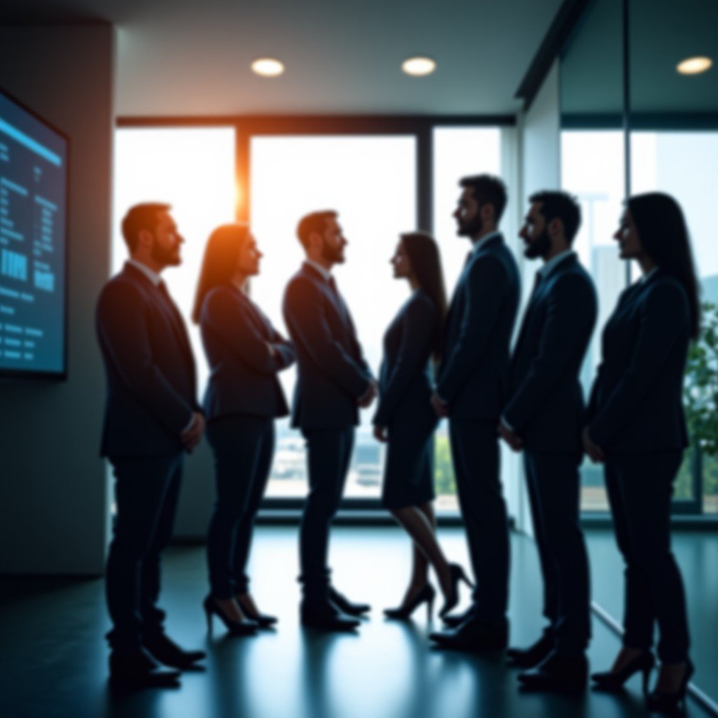 A group of professional corporate lawyers in a modern high-end office looking at a digital screen with a sense of relief and professional success, natural lighting, diverse team, sophisticated interior, no text, 4:3