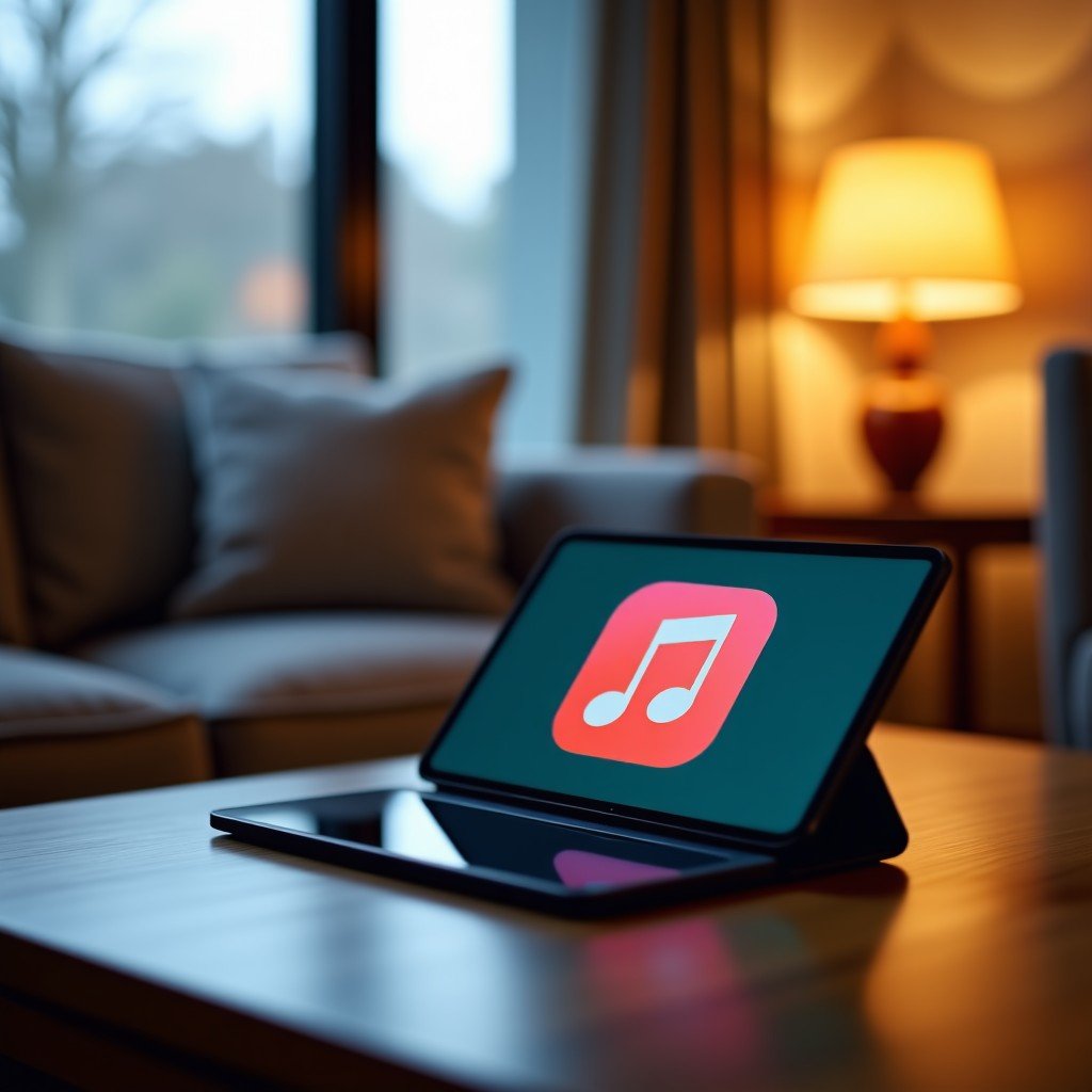 A modern living room setting with an Android phone and tablet on a table showing a music app logo and sleek design, warm ambient light, 4:3