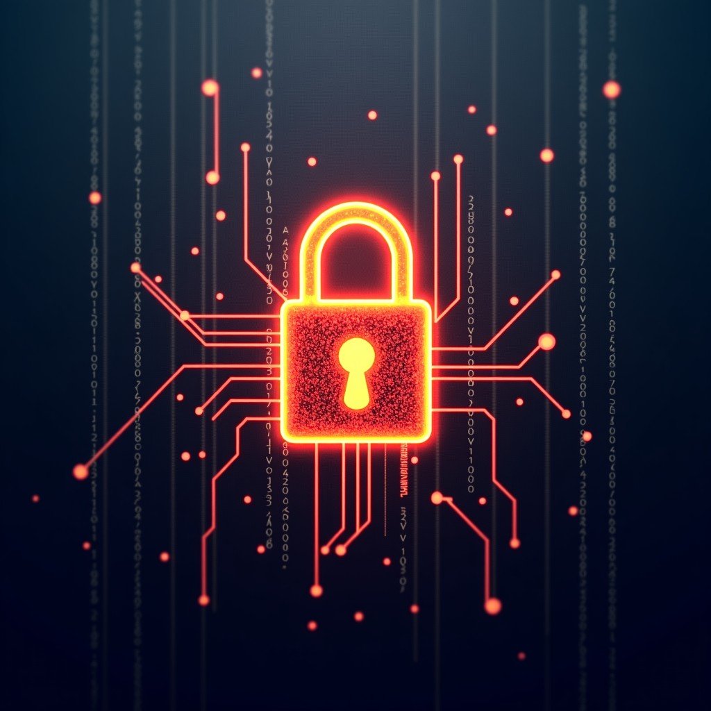 A glowing digital padlock surrounded by abstract data streams and hex codes, dark textured background, artistic rendering, 4:3