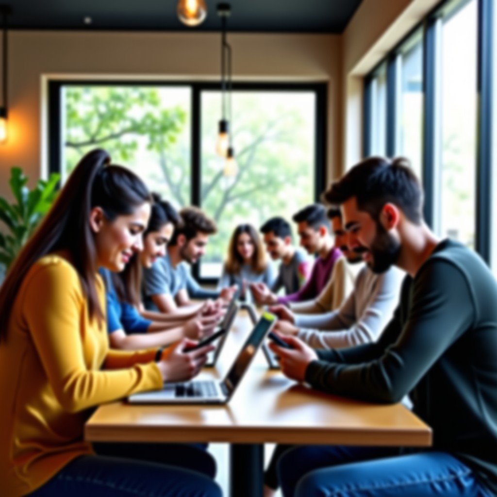 A group of diverse young adults sitting in a modern cafe using laptops and smartphones together, natural daylight, soft focus background, 4:3