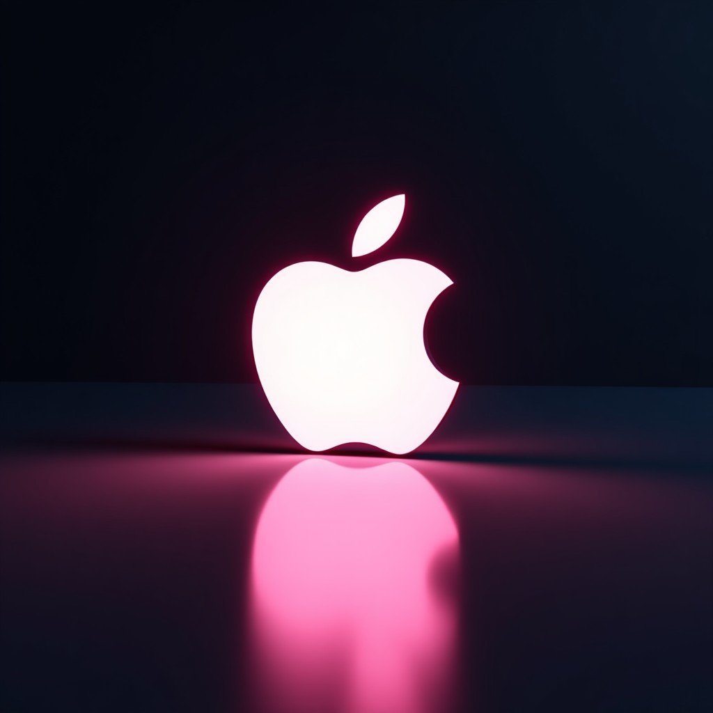 A high-tech digital invitation graphic for an Apple Special Event held on March 4 2026 featuring minimalist neon glowing Apple logo in a dark studio setting with soft volumetric lighting 4:3