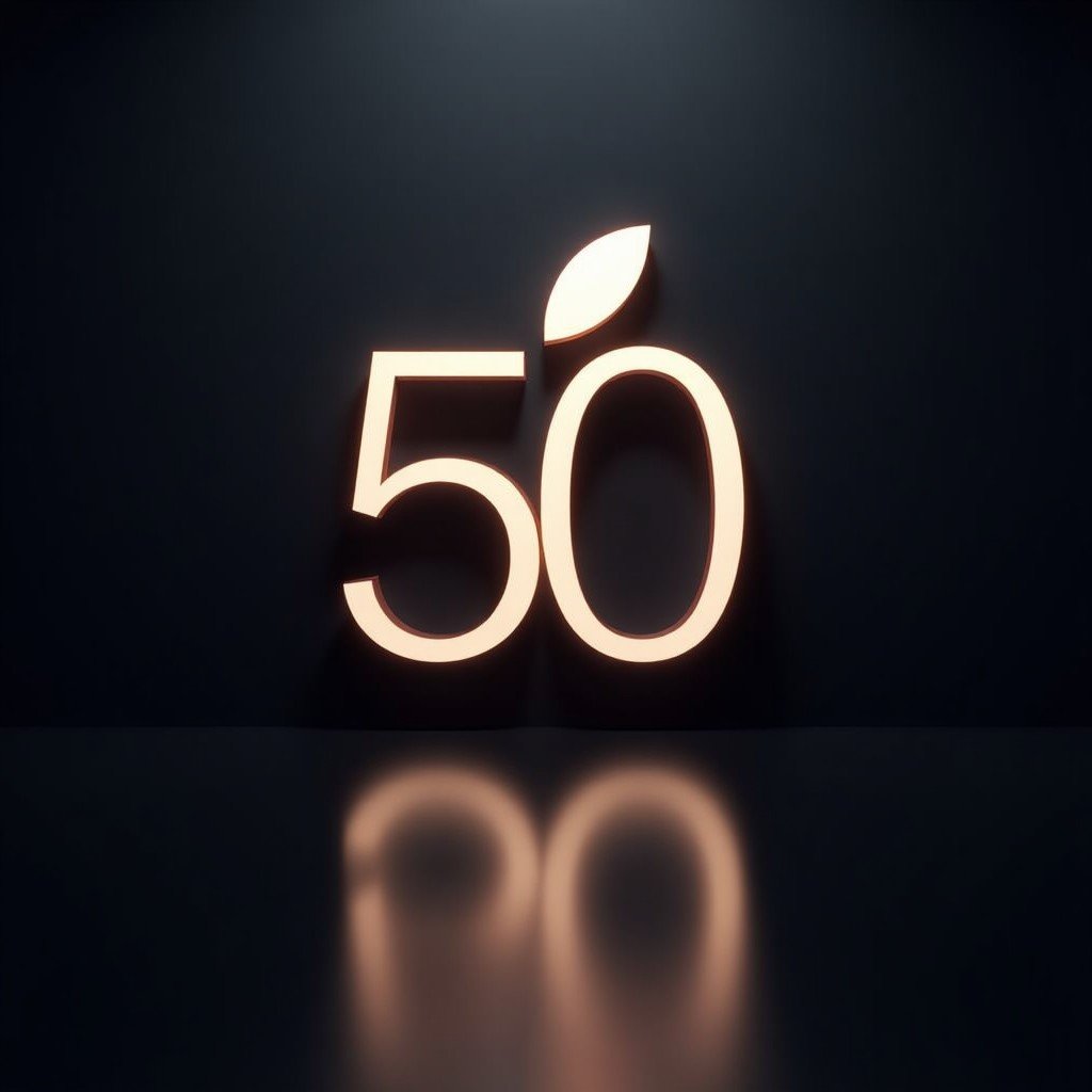 A modern and sleek graphic design celebrating Apple's 50th anniversary, featuring a stylized number 50 and the iconic Apple logo in a premium metallic finish, set against a dark sophisticated background with subtle glowing light effects, high resolution, 4:3