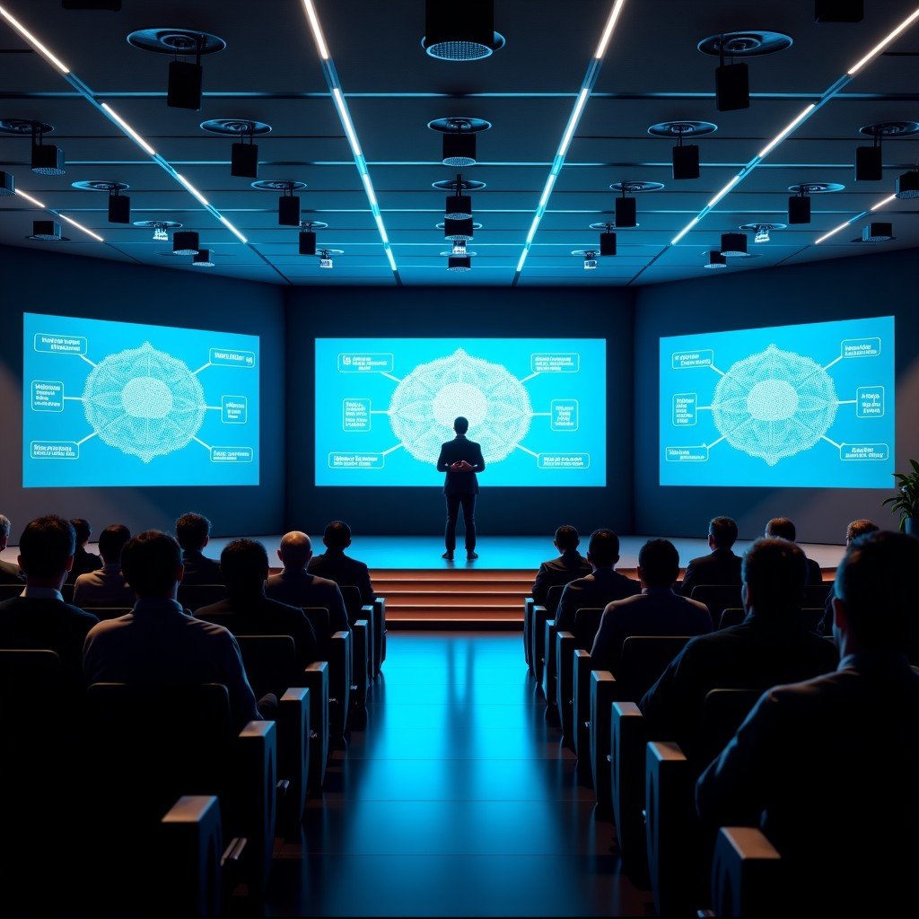 A professional and modern university lecture hall setting where researchers are presenting complex artificial intelligence concepts. Large screens show intricate neural network diagrams and algorithmic flows. The lighting is sophisticated, focusing on the stage. 4:3