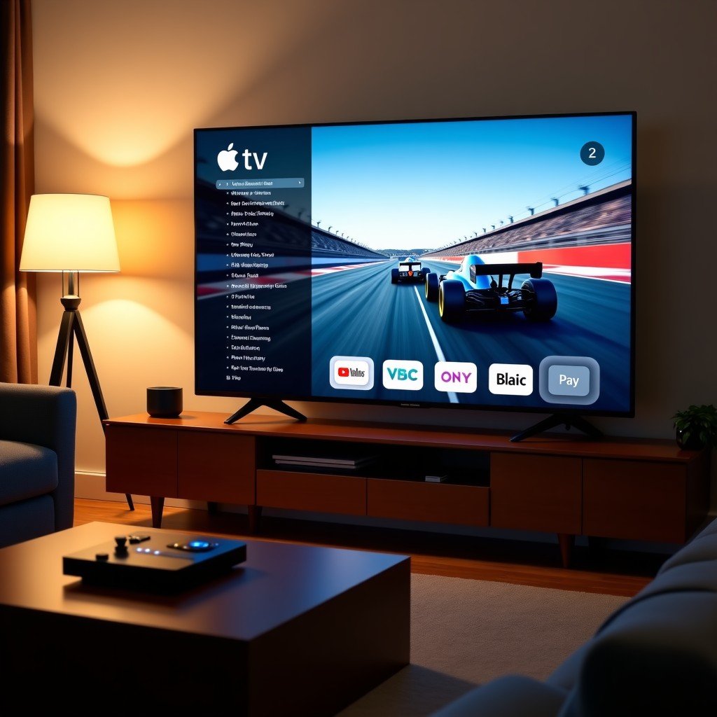A modern living room with a large high-definition television showing the Apple TV interface. The screen displays a live Formula 1 race broadcast with high-speed cars and data overlays. Soft ambient lighting in the room, cozy and premium atmosphere. 4:3