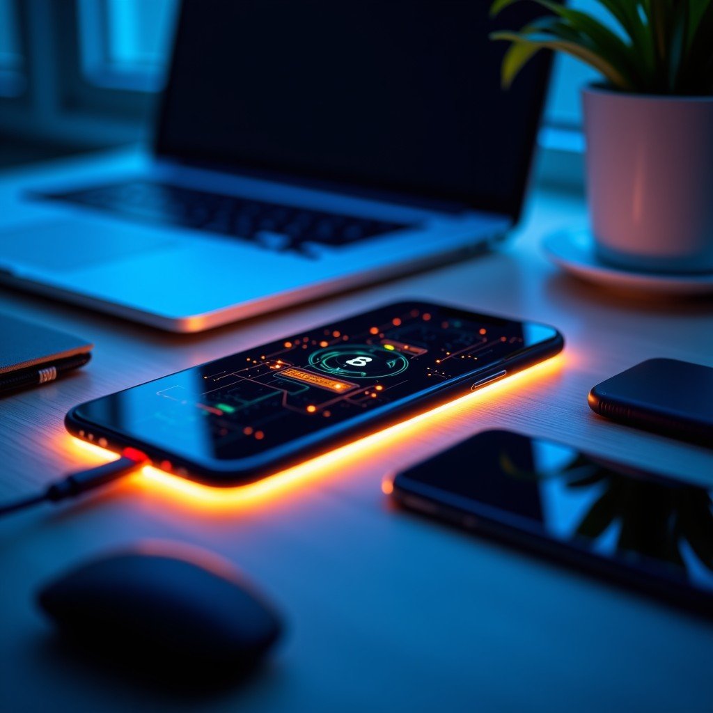 A sophisticated composition illustrating the connectivity between a smartphone, a tablet, and a laptop, glowing light effects, high tech feeling, detailed texture 4:3