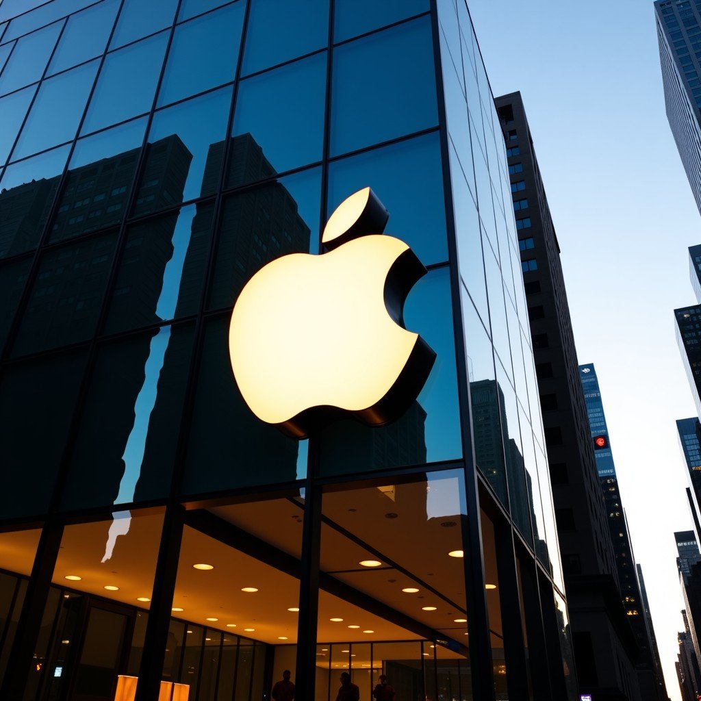 A sleek Apple logo displayed on a modern glass building facade in a bustling city like New York, professional architectural photography, sunset lighting, high contrast, clean and minimal aesthetic, 4:3