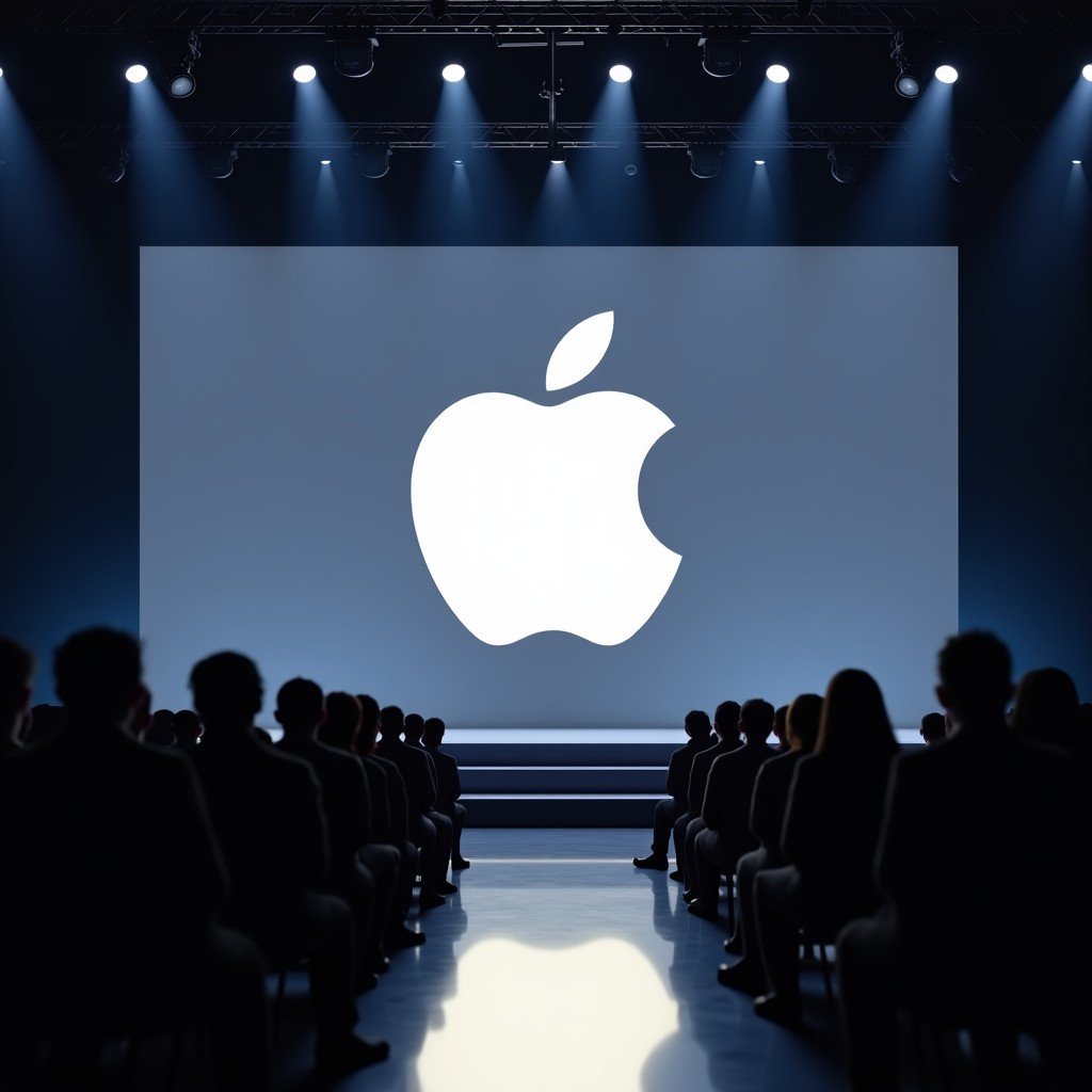 An abstract representation of a modern tech product launch event stage, large screen with glowing Apple logo silhouette, dramatic lighting, professional event hall, 1:1