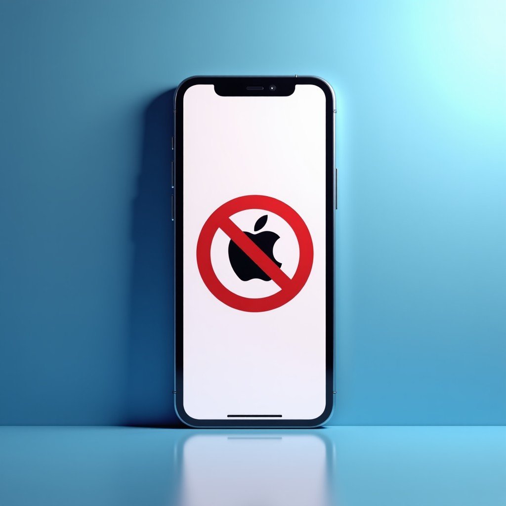 A modern smartphone displaying the Apple App Store logo with a semi-transparent red prohibition symbol overlay, high-quality digital art style, soft studio lighting, blue and white background 4:3