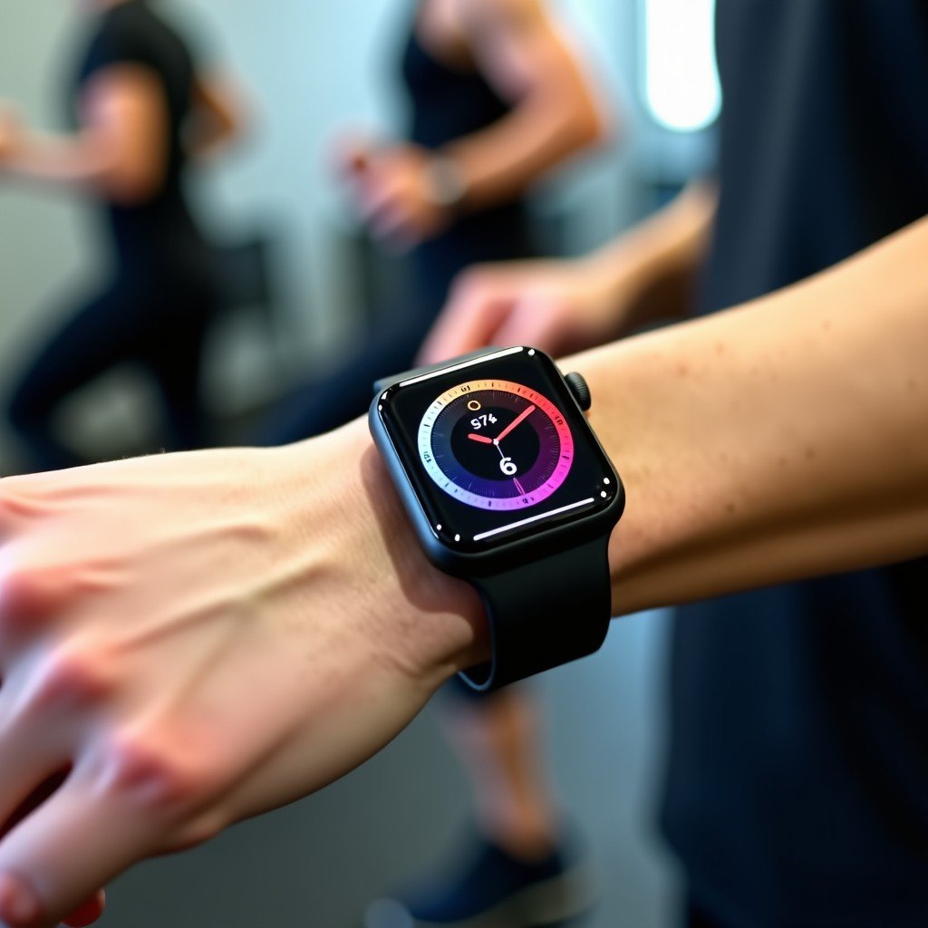 Close-up of a Korean person wrist wearing an Apple Watch showing detailed fitness metrics like heart rate and activity rings during a workout. The background is a blurred fitness studio setting. 4:3