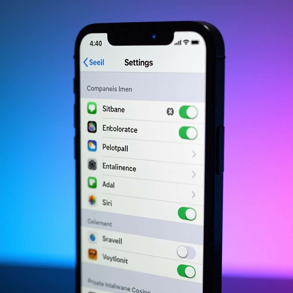 Close up of a smartphone screen showing iOS settings menu with Apple Intelligence and Siri options, soft blue and purple gradient background, high resolution detail, 4:3