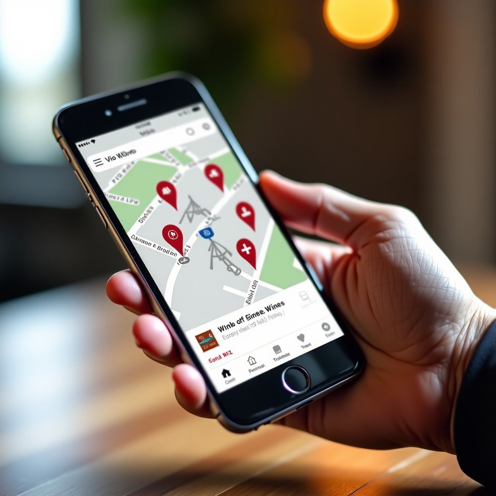 A close up of a hand holding a modern smartphone displaying a digital map with several wine location pins and a travel guide interface, clean layout, bright lighting, 4:3.