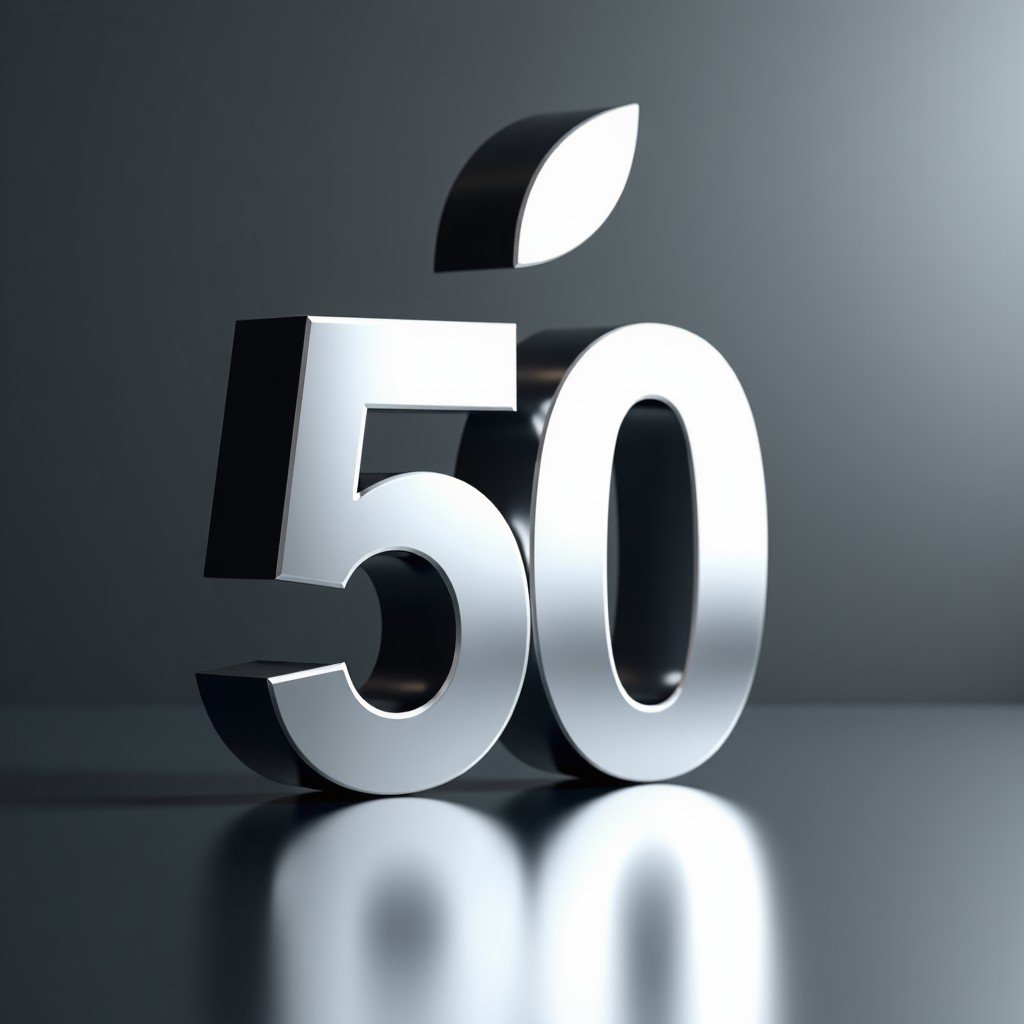 A sleek and modern conceptual digital illustration of the Apple logo integrated with the number 50. The background is a sophisticated gradient of metallic silver and space gray. Soft, elegant lighting reflects off the surface, creating a celebratory yet professional atmosphere. High-quality 3D rendering style, cinematic lighting, 4:3