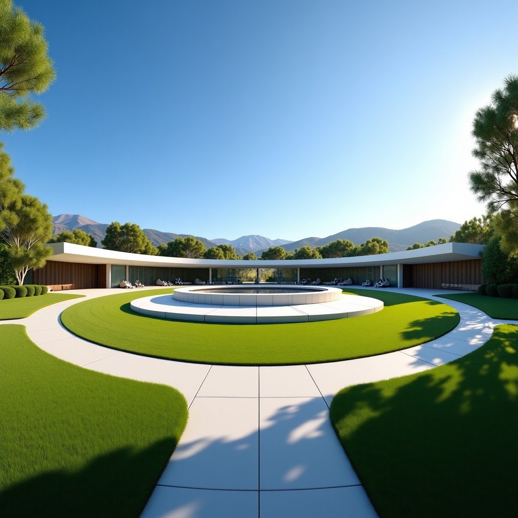 A wide angle view of the Apple Park headquarters in Cupertino. Modern architecture, lush green surroundings, futuristic circular building, sunny day, clear blue sky, 4:3