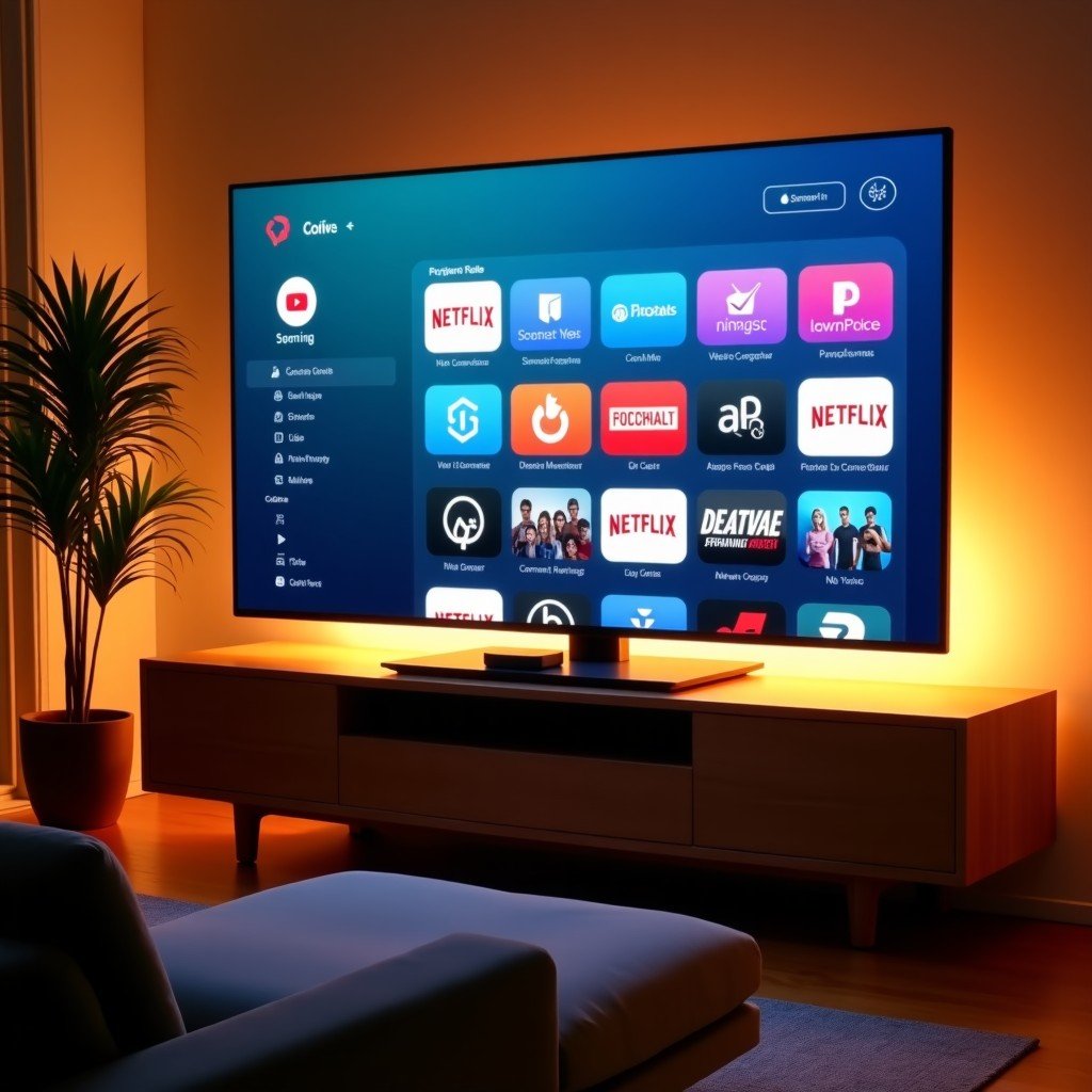 A modern living room with a large sleek TV screen displaying a high-quality streaming interface. An Apple TV device is visible on a minimalist wooden cabinet. The lighting is warm and cinematic, creating a cozy atmosphere for watching sports. 4:3