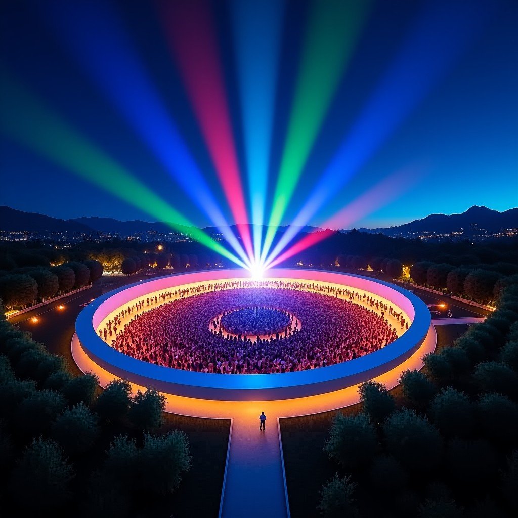 A wide-angle night view of Apple Park in Cupertino during a spectacular light show. Beams of light in rainbow colors shine into the sky from the center of the ring-shaped building. A crowd of people is gathered in the inner courtyard, creating a vibrant and festive atmosphere. The architecture is crisp and modern against the dark blue sky. 4:3