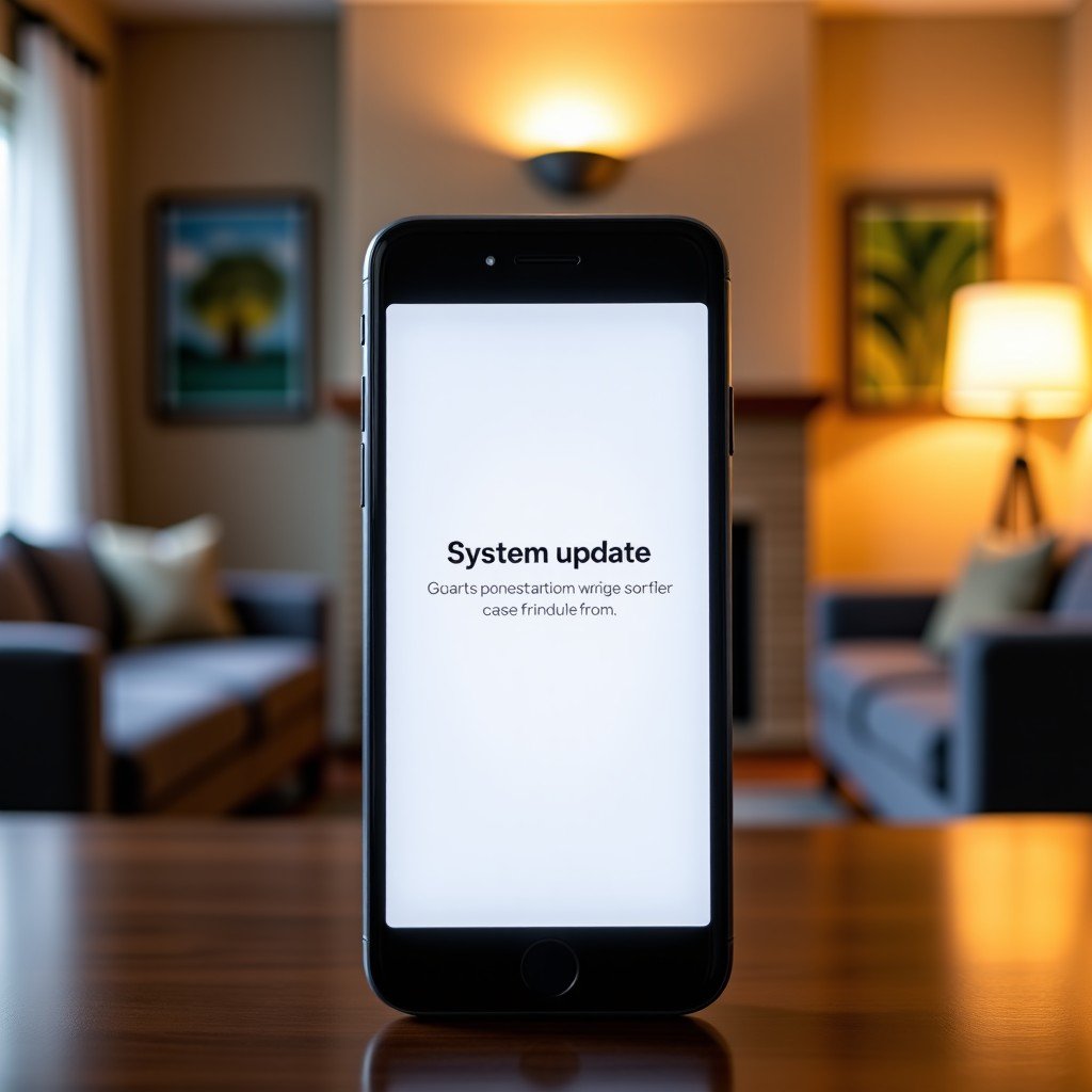A modern smartphone displaying a system update notification for a smart home application with a clean UI. The background shows a blurry living room with smart lighting. Realistic photography style, high contrast, 4:3.