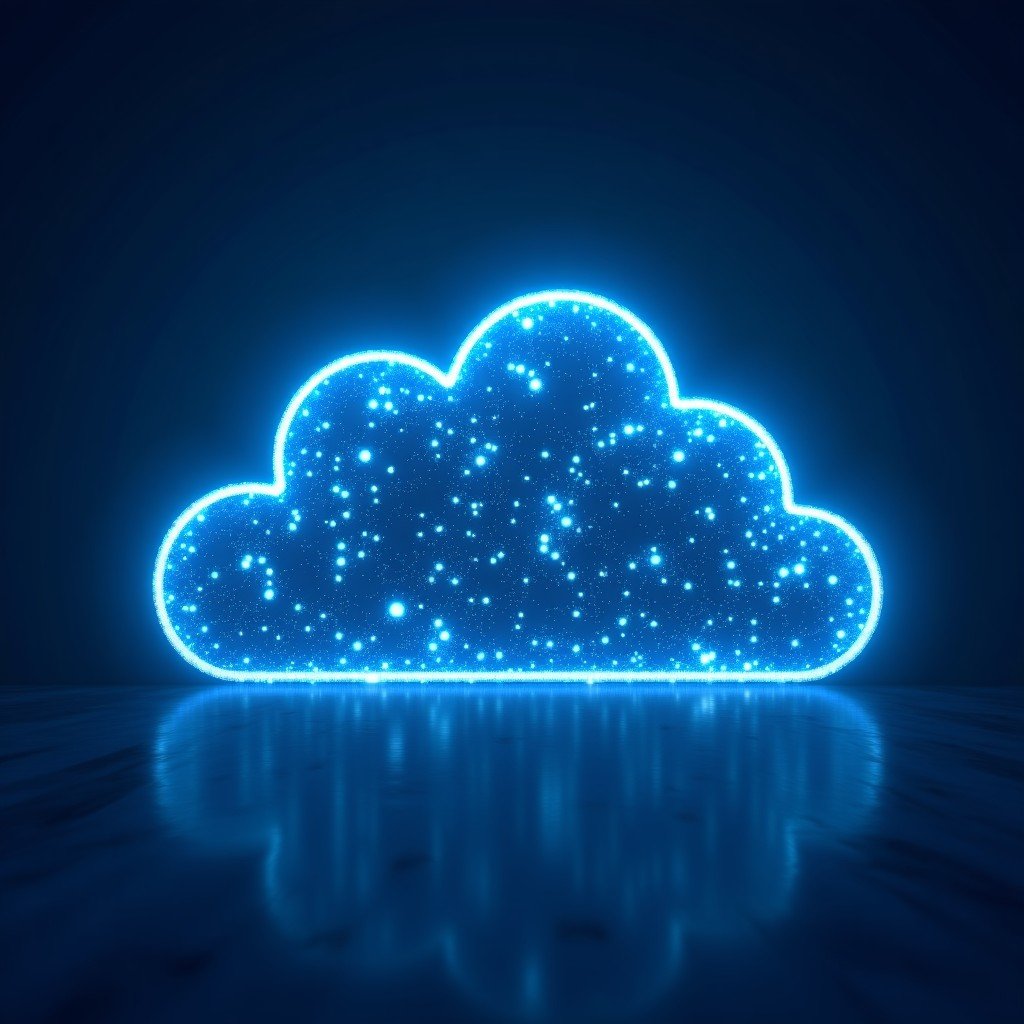 A professional high-tech conceptual illustration showing the connection between Apple and Google cloud infrastructures. Blue and white glowing data lines connecting two large server farm clusters. Minimalist and modern aesthetic, high-quality digital art style. 4:3