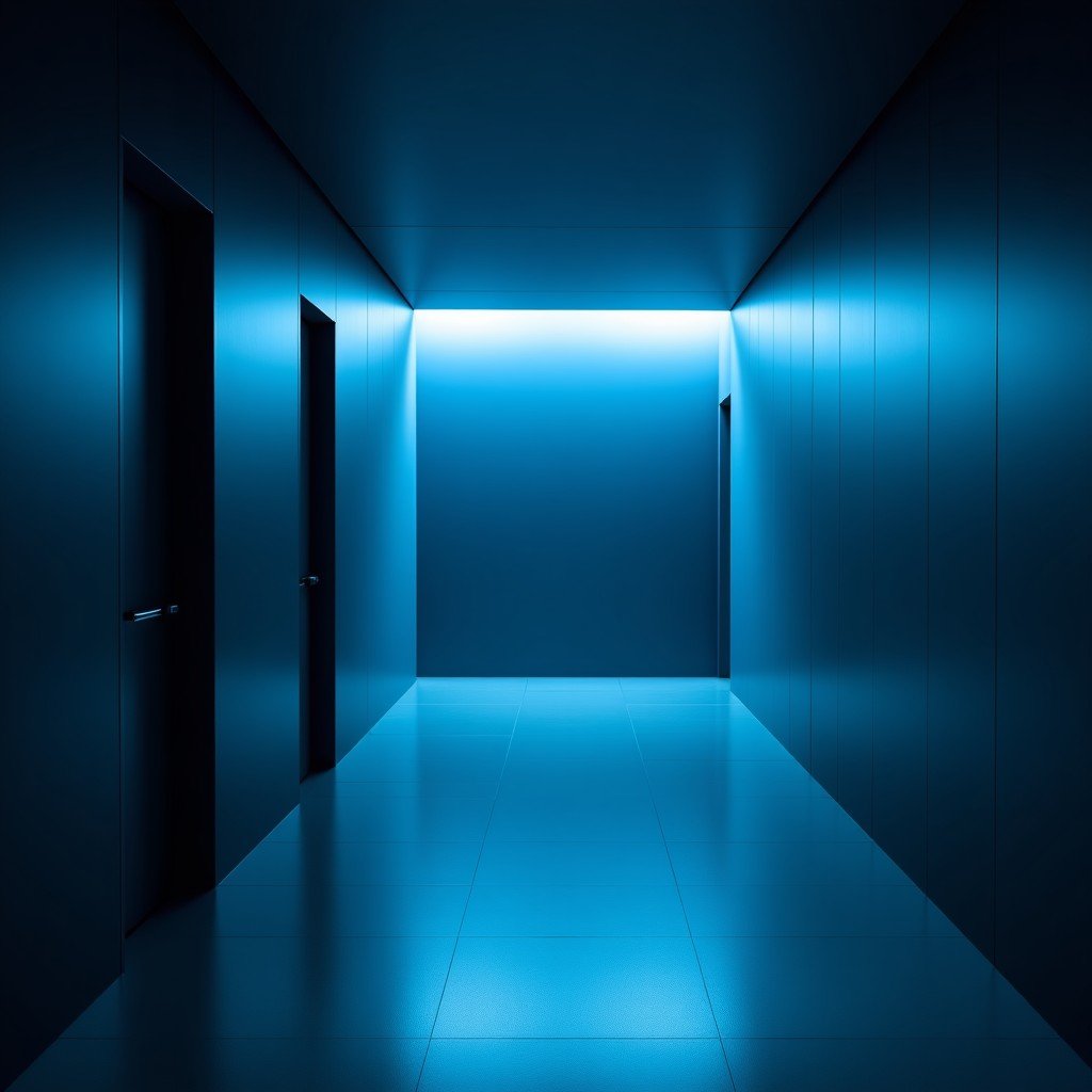 Cinematic interior of a minimalist modern corporate office, deep blue and white lighting, professional and mysterious atmosphere, high contrast, 4:3