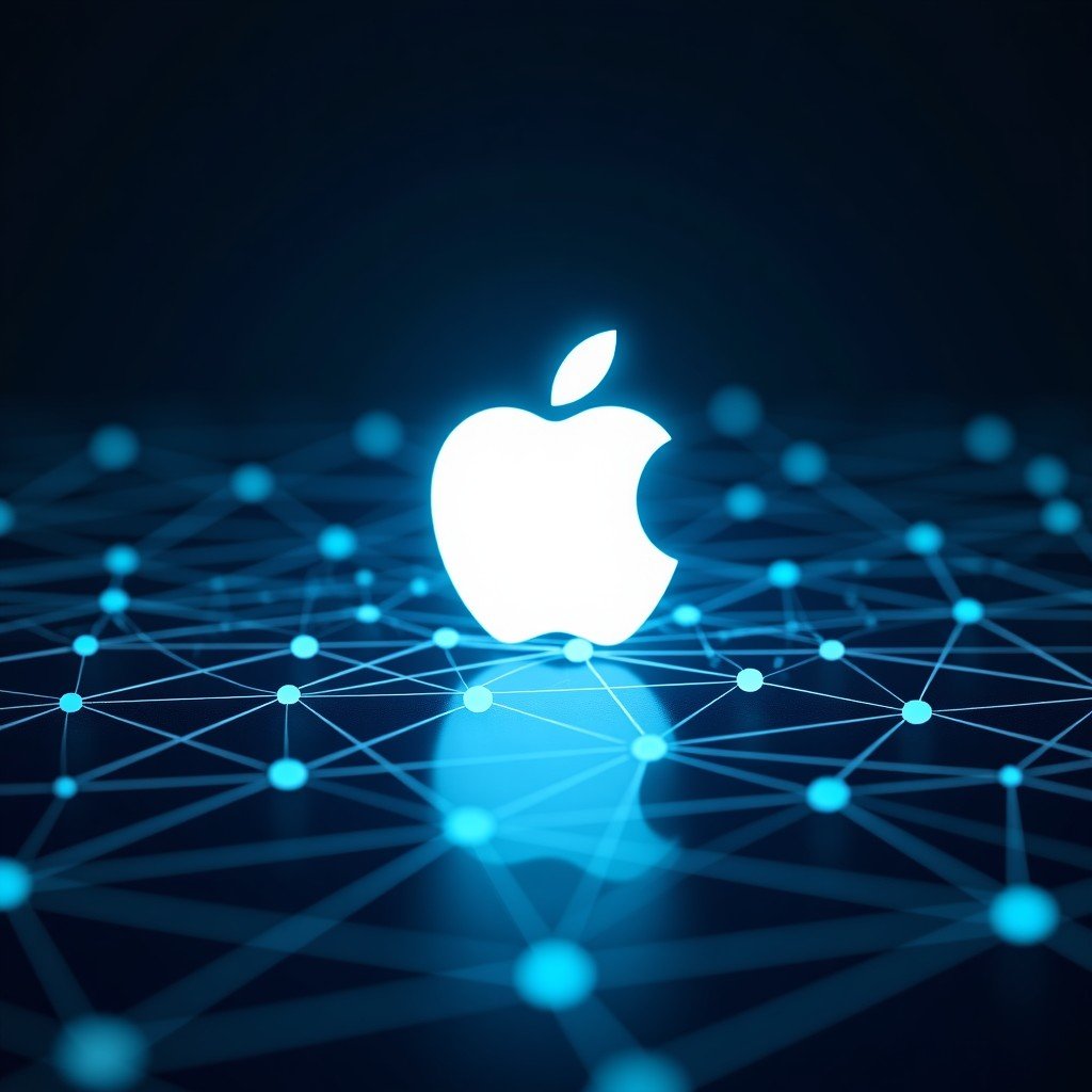 A futuristic and clean conceptual image showing a glowing Apple logo integrated with a complex network of interconnected nodes and lines representing a graph database. The aesthetic is high-tech, minimal, and modern with a dark background and blue neon accents. 4:3