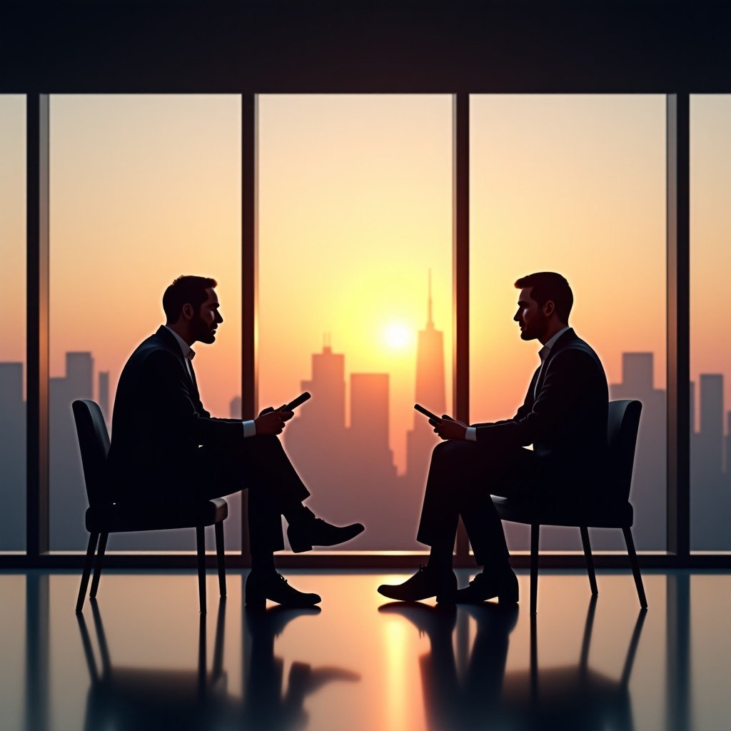 A professional and cinematic depiction of two visionary tech leaders in a deep conversation in a modern, minimalist office with large glass windows overlooking a tech campus. Warm sunset lighting, high contrast, sophisticated atmosphere. 4:3