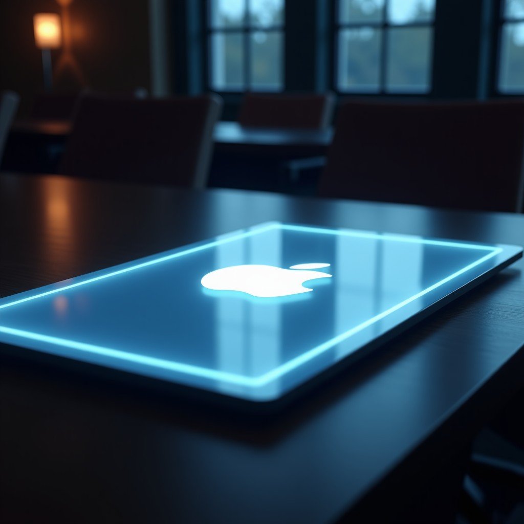 A high-tech courtroom setting with a glowing Apple logo on a sleek glass tablet, representing a legal battle over artificial intelligence technology, cinematic lighting, professional atmosphere, 4:3