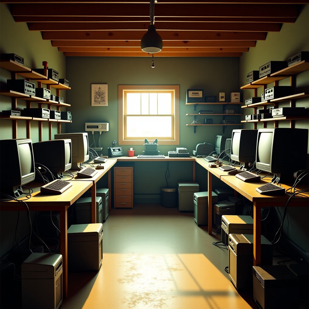 Inside a messy 1970s suburban garage filled with early computer prototypes, circuit boards, and blueprints on a wooden table, warm sunlight filtering through a small window, nostalgic atmosphere, high contrast, 4:3