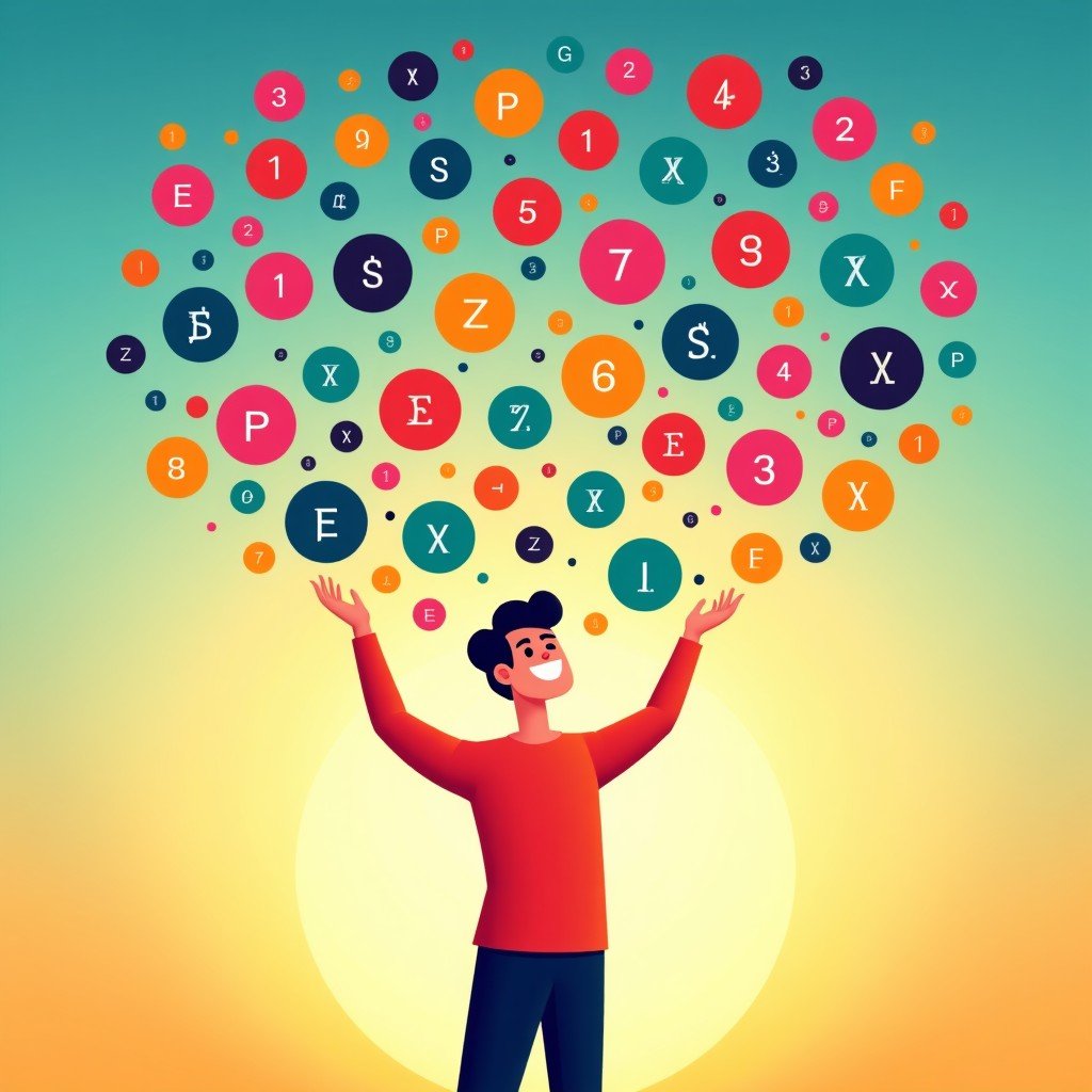 A creative and colorful illustration of various app icons and code symbols floating in the air. A person is smiling and reaching out towards the icons. Bright and vibrant background with a sense of achievement and creativity. 4:3