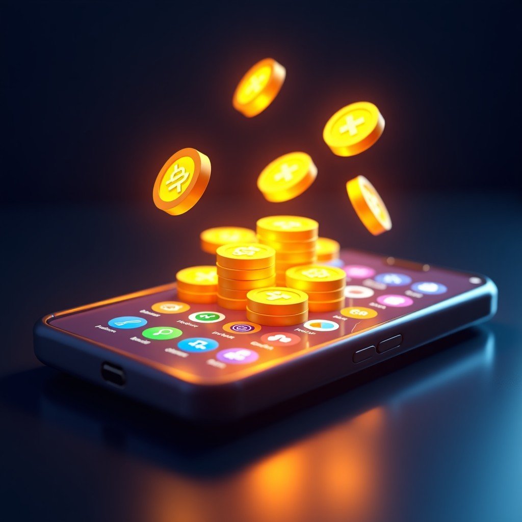A high-tech smartphone screen displaying glowing golden coins and colorful mobile game icons, floating in a dark professional studio environment, cinematic lighting, 4:3