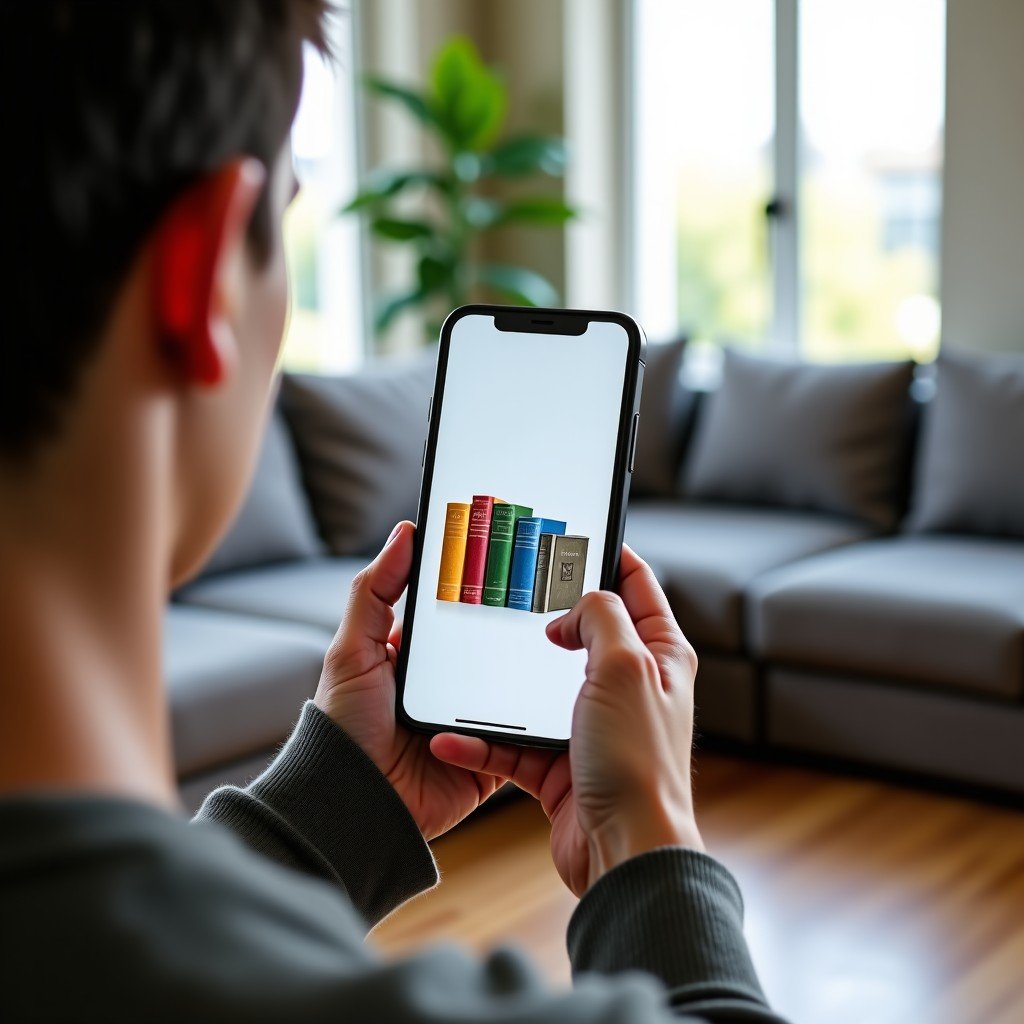 A high-resolution lifestyle photograph of a person holding a smartphone showing a colorful digital interface with book covers, set against a blurred background of a modern living room. No text. 4:3