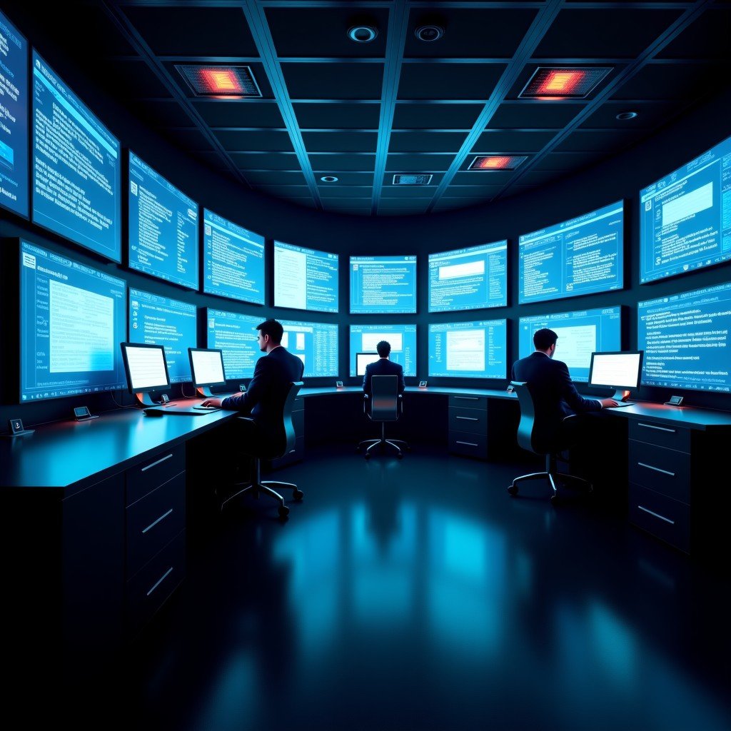 A dark modern surveillance room with multiple high-tech glowing screens displaying intercepted digital messages and data streams. The lighting is dim with blue and red accents, conveying a sense of state-level monitoring and privacy loss. 4:3