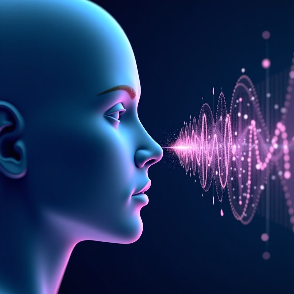 Abstract digital visualization of facial micro-movements and sound waves being processed by an AI system. Clean technological infographic style with soft blue and purple gradients, 4:3