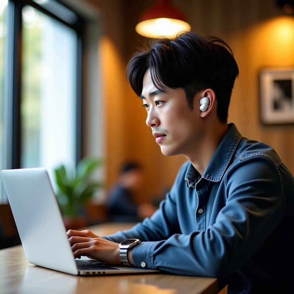 A young Korean man wearing sleek wireless earbuds and working on a laptop in a modern cafe, natural lifestyle photography, warm lighting, blurred background, 4:3