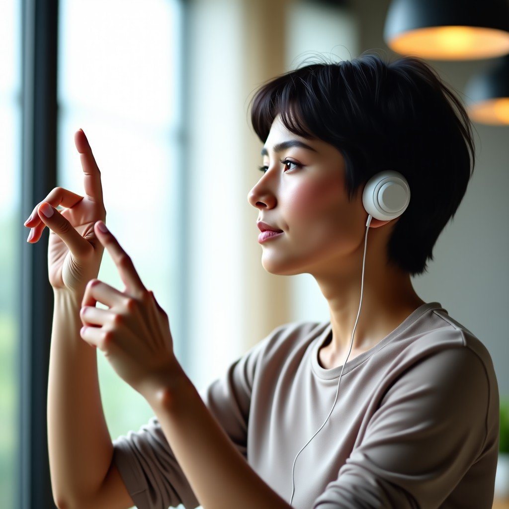 A person wearing white wireless earbuds performing mid-air hand gestures to control music, modern minimalist interior, natural lighting, 4:3