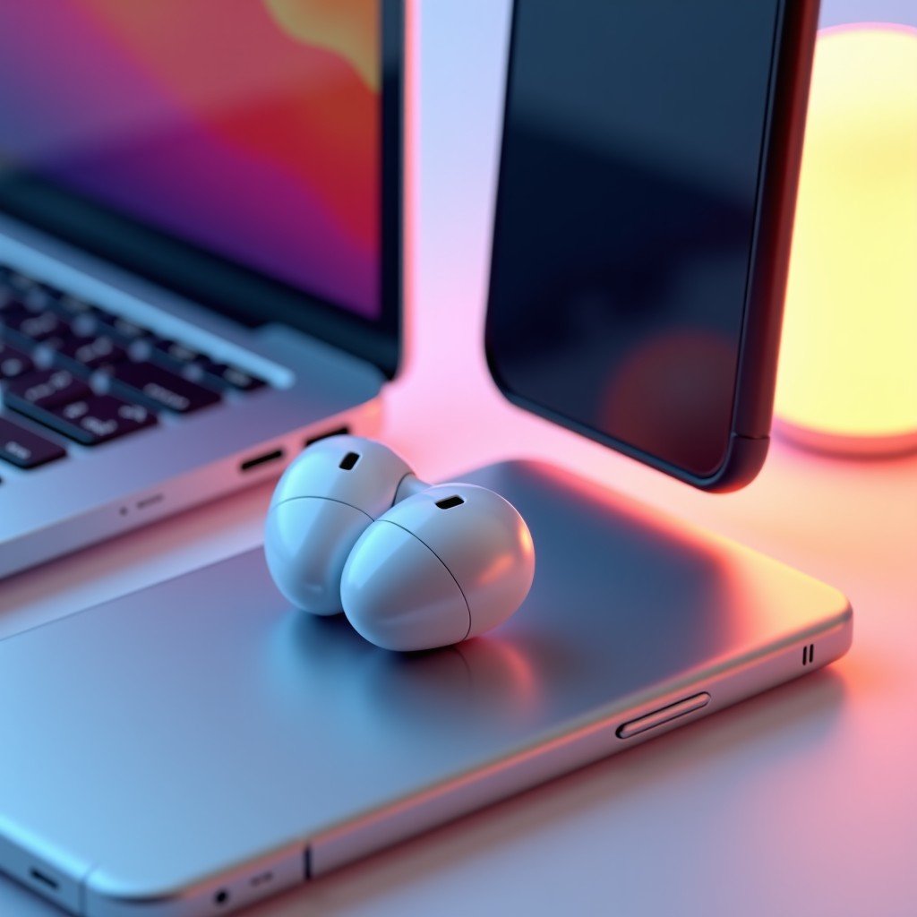 An artistic 3D rendering showing high-end wireless earbuds floating between a laptop and a smartphone. Visual waves indicating seamless audio switching. Soft glowing elements, Apple Ecosystem style, 1:1