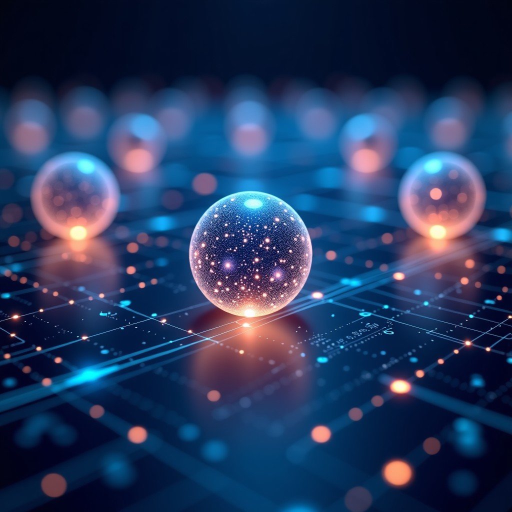 An abstract representation of multiple glowing AI spheres interconnected by light threads working together on a digital grid. Futuristic and sophisticated design with a sense of organized data flow. 4:3