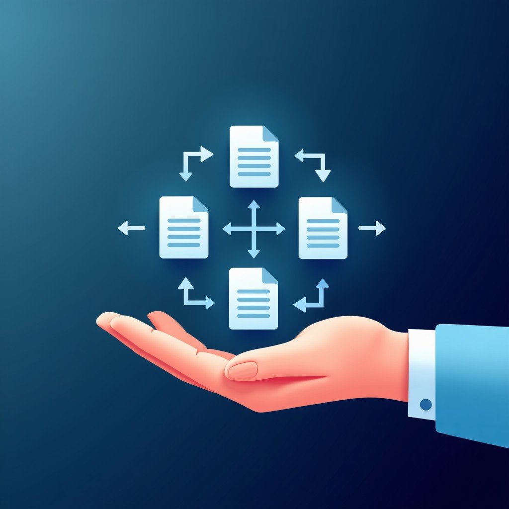 Visual depiction of multiple code files and folders being organized by a digital hand, representing automated app building, clean professional layout, 4:3