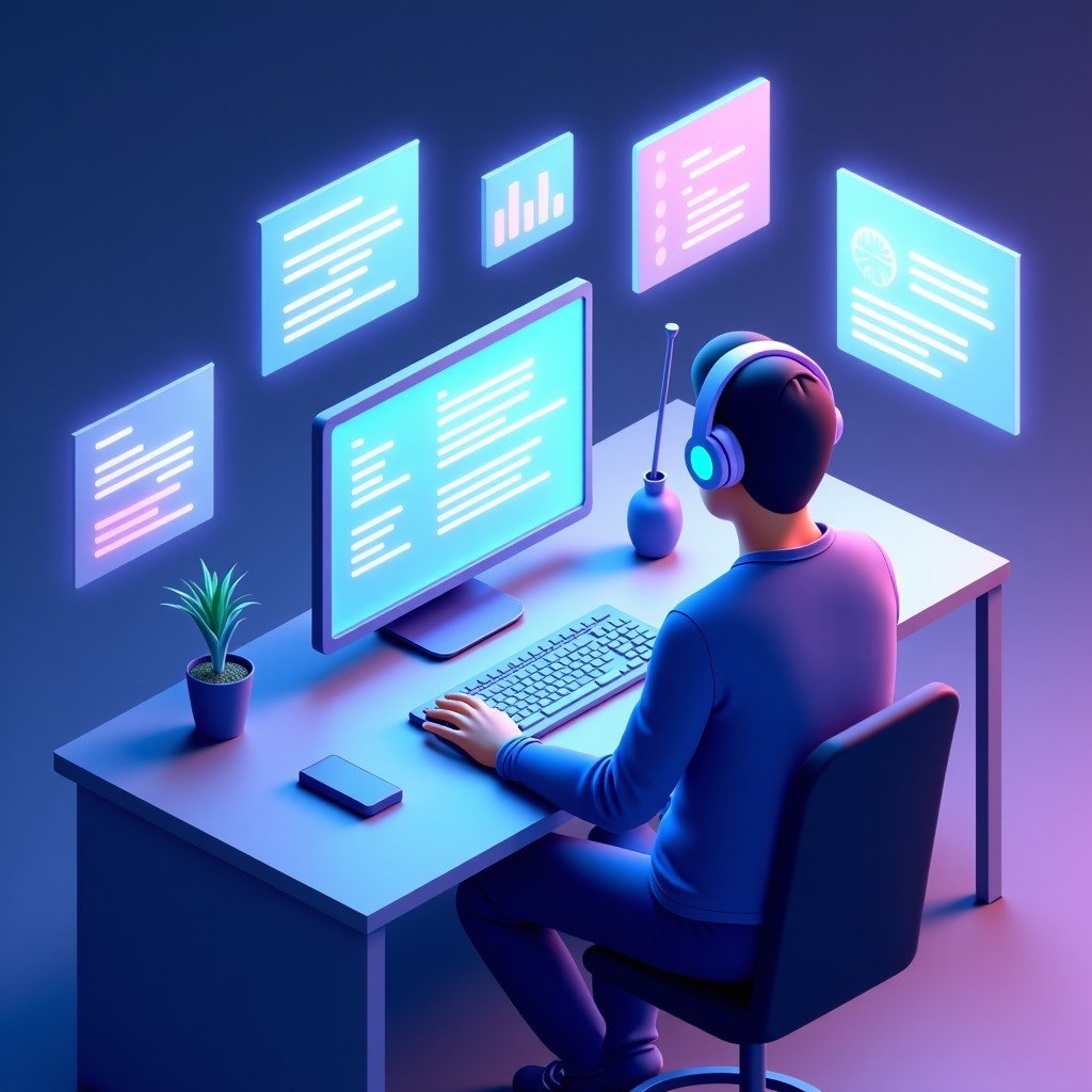 A digital workspace showing an intelligent AI agent orchestrating tasks across various application windows, clean infographic style, vibrant blue and purple tones, 1:1